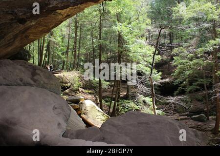 Ort, um in Columbus Ohio Wasserfall zu besuchen, grüne Bäume und grüne Landschaft felsigen Weg unter Pass, Möwe in den Himmel Stockfoto