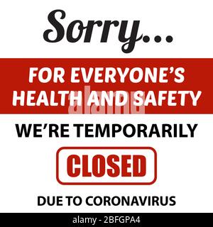 Büro vorübergehend geschlossen Zeichen des Coronavirus. Warnschild für Informationen über Quarantänemaßnahmen an öffentlichen Orten. Beschränkung und Vorsicht COVID-19. Stock Vektor