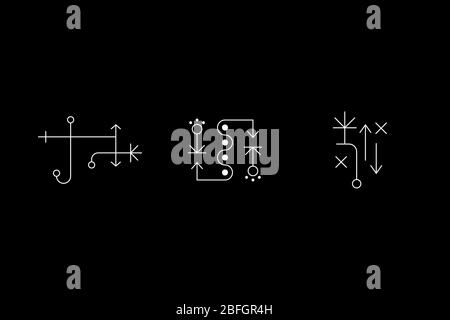 Magisches Geometrieweiß Symbolsatz. Magische Buchstaben, Hieroglyphen, geheime alte Inschriften. UFO-Zeichen. Design-Symbole für Puzzle, Logik, metroidvania, Indie-Spiele. Vektorgrafik. Stock Vektor