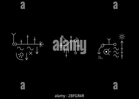 Alte Geometrie Symbol mit Kreisen, Wellenlinien, Kreuzen und Figuren gesetzt. Höhlenzeichnungen. UFO-Zeichen. Design-Symbole für Logik, metroidvania und Indie-Spiele. Vektorgrafik. Stock Vektor