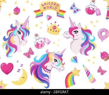 Magic Einhorn Symbol nahtlose Muster mit Zauberstab, Sterne mit Regenbogen, Diamanten, Krone, Halbmond, Herz, Schmetterling, Dekor für Mädchen Geburtstag, Vektor Stock Vektor