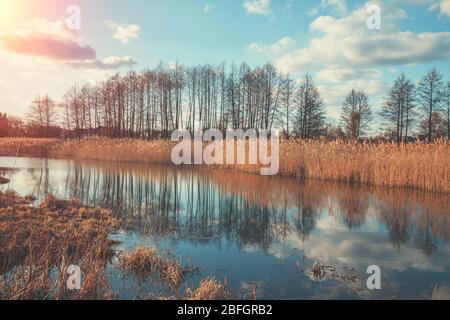 Blick auf den Fluss auf der Wiese am Abend bei Sonnenuntergang Licht. Schöne Naturlandschaft mit dem hellen Abendhimmel Stockfoto