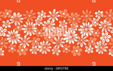 Monochrom Orange Hand Gezeichnet Filz Spitze Stift Gänseblümchen Blumenvektor Nahtloses Muster Rand Stock Vektor