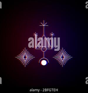 Heilige Geometrie symmetrische Zeichnungen mit Glitch-Effekt. Geheimnisvolle Figuren, Symbole, Kreis, Dreieck, Auge usw. Design-Symbole für Puzzle, Logik, metroidvania, Indie-Spiele. Vektorgrafik. Stock Vektor