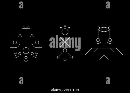 Geheimnisvolle Geometrie Symbol gesetzt. Alte geheime Inschriften, Rune oder Glyphe. Augenzeichen. Höhlenzeichnungen. UFO-Zeichen. Design-Symbole für Puzzle, Logik, metroidvania und Indie-Spiele. Vektorgrafik. Stock Vektor