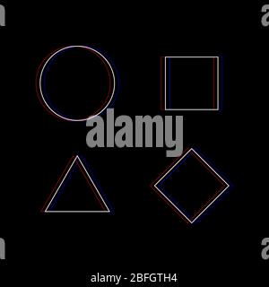 Set von einfachen Geometrie Figuren mit Glitch-Effekt. Kreis, Quadrat, Dreieck und Raute. Vektorgrafik. Stock Vektor