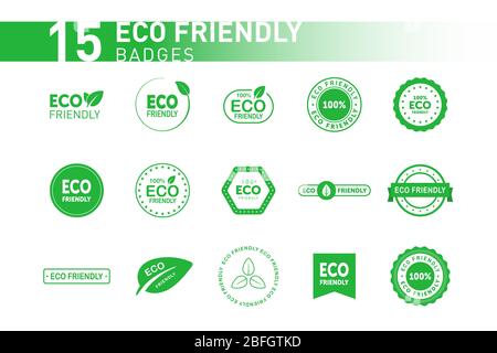 Sammlung von umweltfreundlichen grünen Abzeichen. Design-Element für Verpackungsdesign und Werbematerial. Vektorgrafik. Stock Vektor