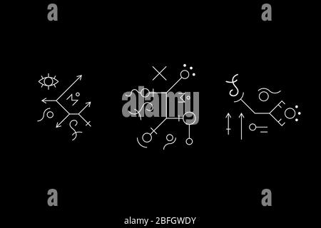 Geheimnisvolle Geometrie Symbol gesetzt. Alte geheime Inschriften und Briefe. Augenzeichen. Höhlenzeichnungen. UFO-Zeichen. Design-Symbole für Puzzle, Logik, metroidvania und Indie-Spiele. Vektorgrafik. Stock Vektor