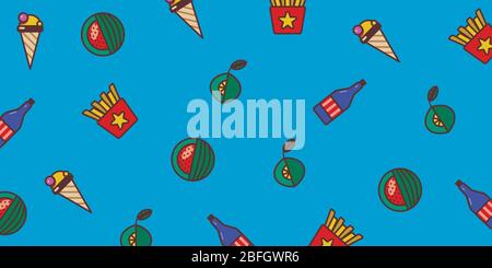 Farbe flaches Icon Set. Eis, Wassermelone, Limette, Flasche und Pommes frites. Stock Vektor