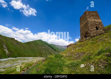 Schöne Truso-Schlucht in der Nähe der Stadt Kazbegi in den Bergen des Kaukasus, Georgien Stockfoto