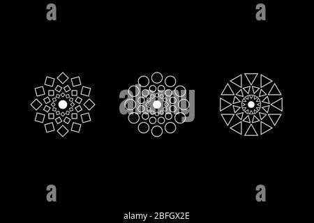 Spirituelle symmetrische Geometrie weißes Symbol gesetzt. Kreis, Quadrat, Rauten Figuren. UFO-Zeichen. Design-Symbole für Puzzle, Logik, metroidvania Spiele. Vektorgrafik. Stock Vektor
