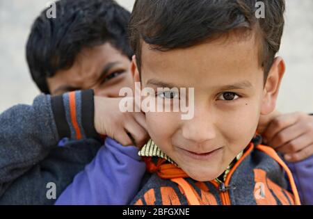 Zwei kleine Kinder kämpfen miteinander Stockfoto