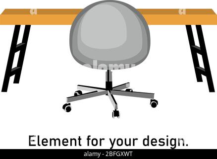 Innenraumartikel auf weißem Hintergrund isoliert. Holztisch auf einem Metallsockel, moderner Rollstuhl. Vektorgrafik.. Stock Vektor
