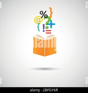 Buch mit fliegenden Buchstaben. Design-Element für Schulungsvorlagen. Stock Vektor