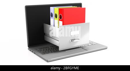 Online-Ablage für Büros, Archivierung von Dokumentendaten. Computer-Laptop isoliert auf weißem Hintergrund. Digitales Betriebswirtschaftskonzept. 3d-Bild Stockfoto