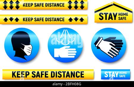 Halten Sie Abstand und bleiben Sie zu Hause Aufkleber und Markierungen für Geschäft oder Supermarkt während der epidemischen Quarantäne von Coronavirus COVID-19 Stock Vektor