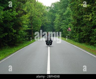 Fahrradtour - steile Bergtour auf einer Straße im Wald. Frau auf einem Zweikegel mit voll gepackten Packtaschen. Stockfoto