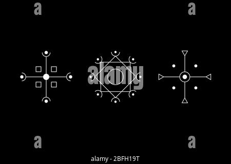 Magische Geometrie Kruziform weißes Symbol gesetzt. Kreis, Quadrat, Rhombus mit eingemeißelten Figuren. UFO-Zeichen. Design-Symbole für Puzzle, Logik, metroidvania Spiele. Vektorgrafik. Stock Vektor