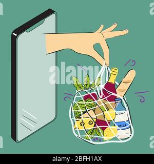 Lebensmittelgeschäft oder Supermarkt Lieferkonzept. Telefon und Hand halten Tasche mit Lebensmitteln. Stock Vektor