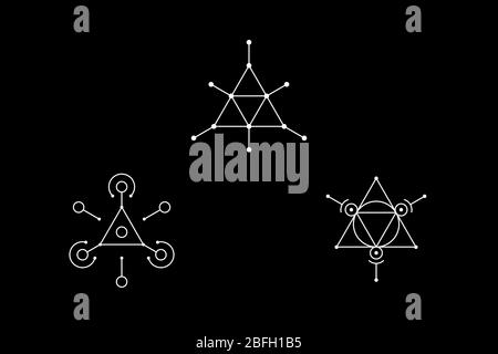 Magische dreieckige Geometrie weißes Symbol mit eingeschriebener Kreis gesetzt. Vektorgrafik. Stock Vektor