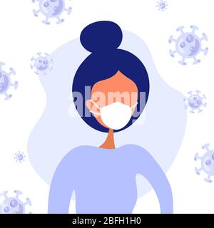 Vektorgrafik in lila Tönen von Frau in Gesichtsmaske arbeiten zu Hause während der Quarantäne. Illustration in flacher Ausführung mit Virenhintergrund. Covid-19 Stock Vektor