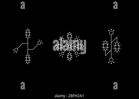 Magisches Geometrieweiß Symbolsatz. Augenzeichen. Alte geheime Inschriften. UFO-Zeichen. Höhlenzeichnungen. Design-Symbole für Puzzle, Logik, metroidvania und Indie-Spiele. Vektorgrafik. Stock Vektor