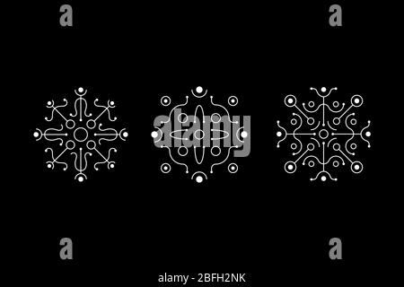 Magisch symmetrische Geometrie weißes Symbol gesetzt. Magische Muster von Linien und Punkten. UFO-Zeichen. Design-Symbole für Puzzle, Logik, metroidvania, Indie-Spiele. Vektorgrafik. Stock Vektor