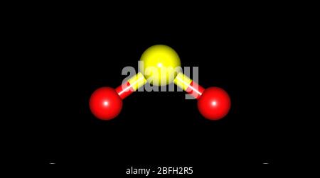 3D-Darstellung von Schwefeldioxid oder Schwefeldioxid. Es ist die chemische Verbindung mit der Formel SO2. Bei normaler Atmosphäre ist es ein giftiges Gas mit Stockfoto