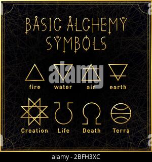 Alchemistische goldene Grundsymbole auf dunklem Hintergrund. Elemente der Natur. Schöpfung, Leben, Tod, Terra. Heilige Geometrie. Vektorgrafik. Stock Vektor