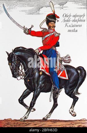 Kaiserliche Garde kosaken Kavallerie Regiment Kleinoffizier,1812, 19. Jahrhundert russische Armee Uniform, Russland Stockfoto