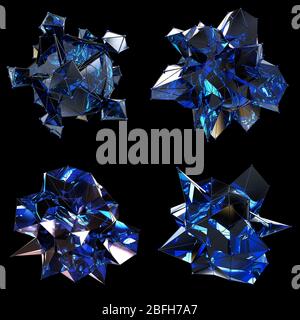 Set von 4 abstrakten 3D Low Poly Renderings auf schwarzem Hintergrund Stockfoto