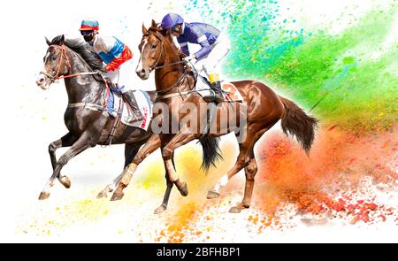 Vier Rennen Pferde Hals Hals im harten Wettbewerb um die Ziellinie. Digitale Collage Stockfoto