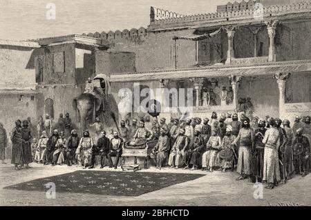 Große Durbar des Maharaja Rajasthan, Indien. Alte Gravurillustration aus El Mundo en la Mano 1878 Stockfoto