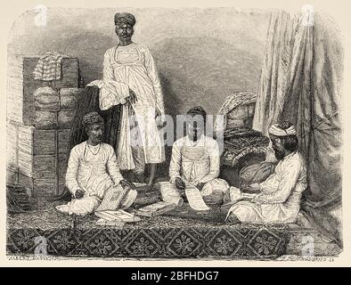 Porträt der Händler von Kalkutta. Marwaris Eingeborene von Marwar in Rajpootana. Indien. Alte Gravurillustration aus El Mundo en la Mano 1878 Stockfoto