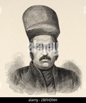 Porträt von Sir Munguldas Nathoobhoy, Vorsitzender des Aufnahmekomitees in Bombay, Indien. Alte Gravur Illustration Prince of Wales Albert Edward t Stockfoto