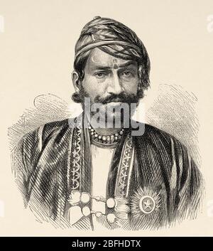 Porträt von Maharadscha Sawai RAM Singh II, Maharadscha von Jaipur, Indien. Alte Gravur Illustration Prince of Wales Albert Edward Tour of India. El Mundo Stockfoto