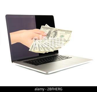 Hand Geld von Laptop-Bildschirm auf weiß isoliert Stockfoto