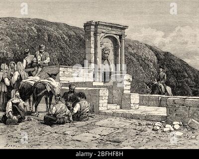 Brunnen aus dem 16. Jahrhundert an der türkischen Karawanserei in Dubrovnik, Kroatien, Europa. Alte Gravur Illustration Reise nach Istrien & Dalmatien 1874 von Cha Stockfoto