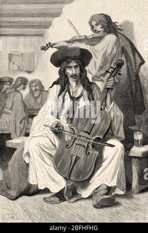 Gypsy-Musiker spielt traditionelle Musiklieder, Ungarn. Europa, Alte Gravur Illustration Reise Land der Südslawen von M. Perrot Stockfoto