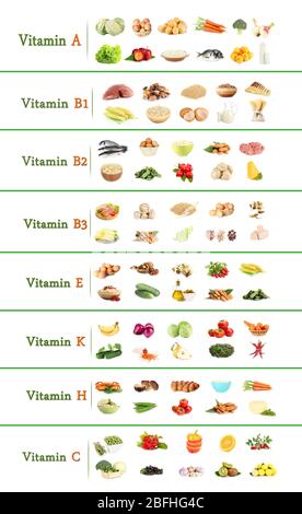 Collage aus verschiedenen Lebensmitteln mit Vitaminen Stockfoto