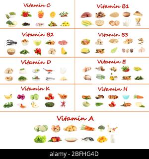 Collage aus verschiedenen Lebensmitteln mit Vitaminen Stockfoto