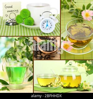 Collage aus gesundem grünem Tee Stockfoto