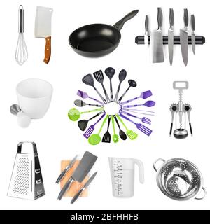 Küchengeräte Kollektion isoliert auf weiß Stockfoto