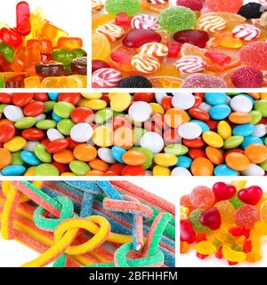 Collage aus verschiedenen bunten Süßigkeiten und Süßigkeiten Stockfoto