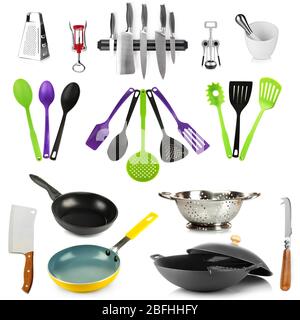 Küchengeräte Kollektion isoliert auf weiß Stockfoto