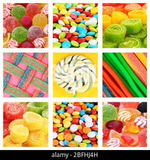 Collage aus verschiedenen bunten Süßigkeiten und Süßigkeiten Stockfoto