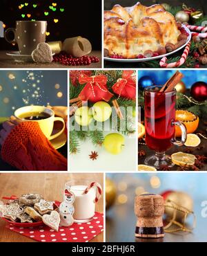 Weihnachtscollage mit leckeren Speisen, Getränken und Dekorationen Stockfoto