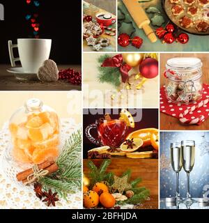 Weihnachtscollage mit leckeren Speisen, Getränken und Dekorationen Stockfoto