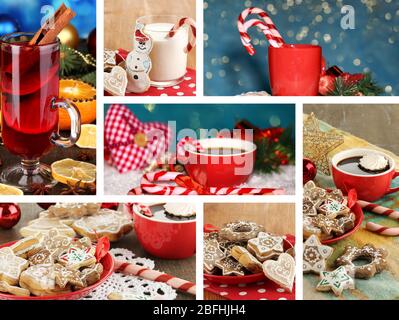 Weihnachtscollage mit leckeren Speisen, Getränken und Dekorationen Stockfoto