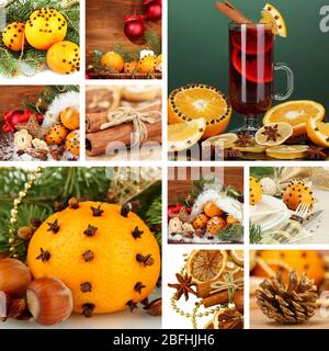 Weihnachtscollage mit leckeren Speisen, Getränken und Dekorationen Stockfoto